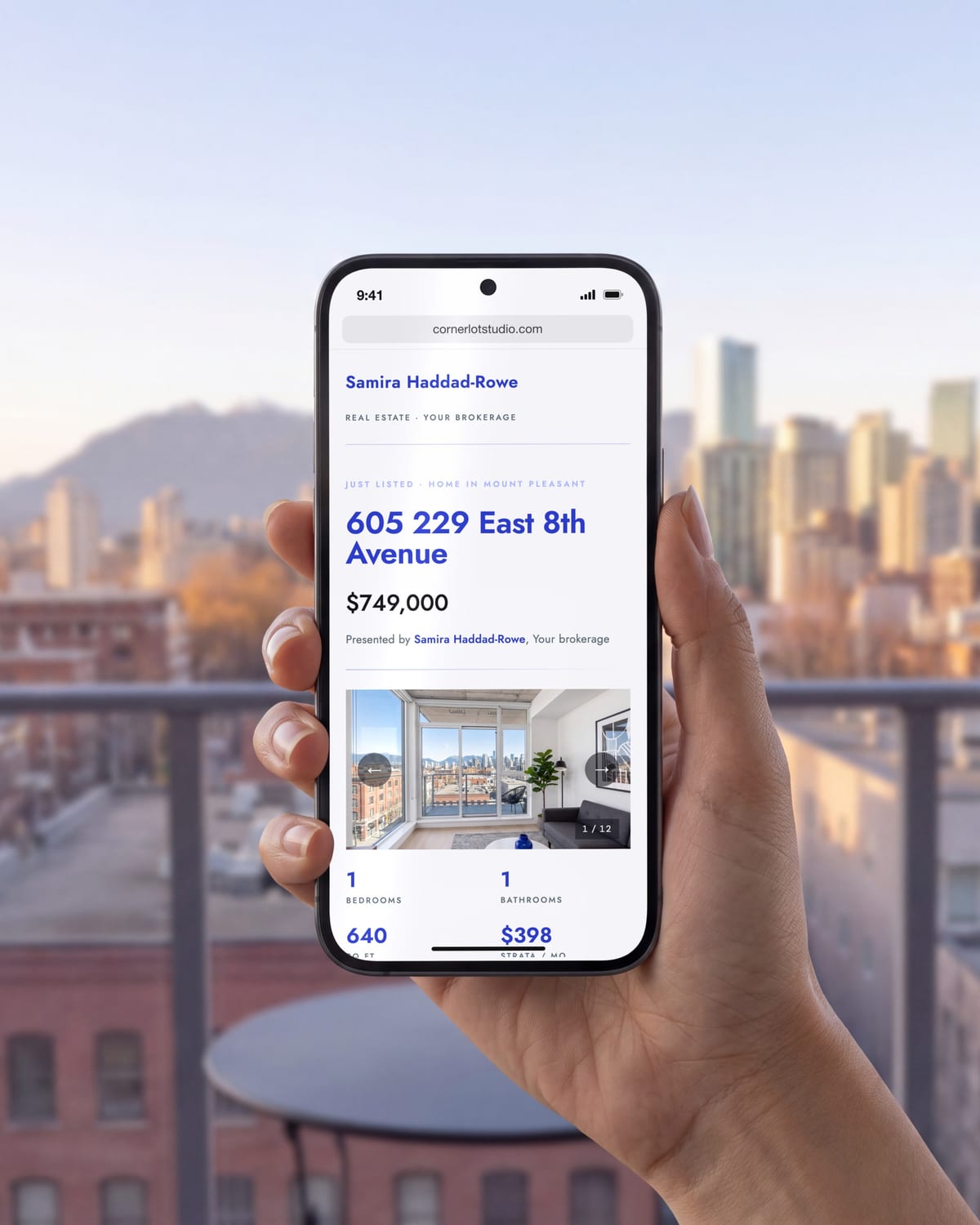 A phone showing a sample agent's listing page