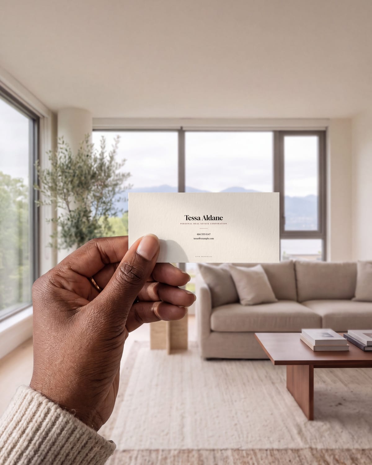 A hand holding a sample agent's business card in a bright living room