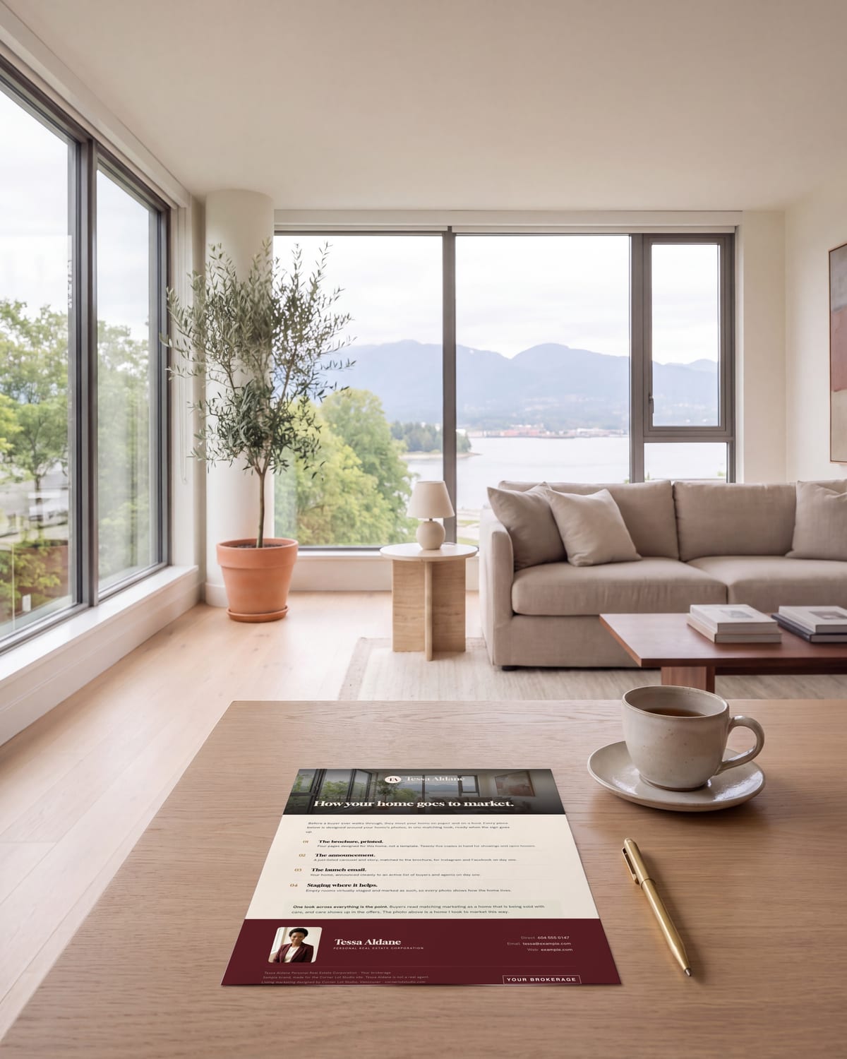A sample agent's CMA kit on a coffee table in the living room of her listing