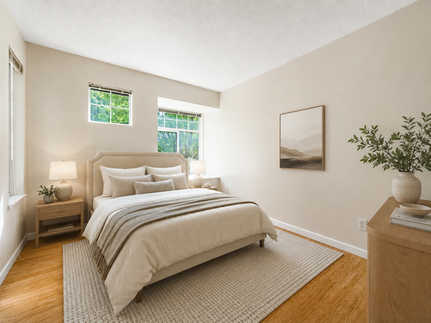 Staged bedroom photograph inside the brochure spread